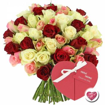 Bouquet de roses - Roses Tendresse + Coeur de Chocolats