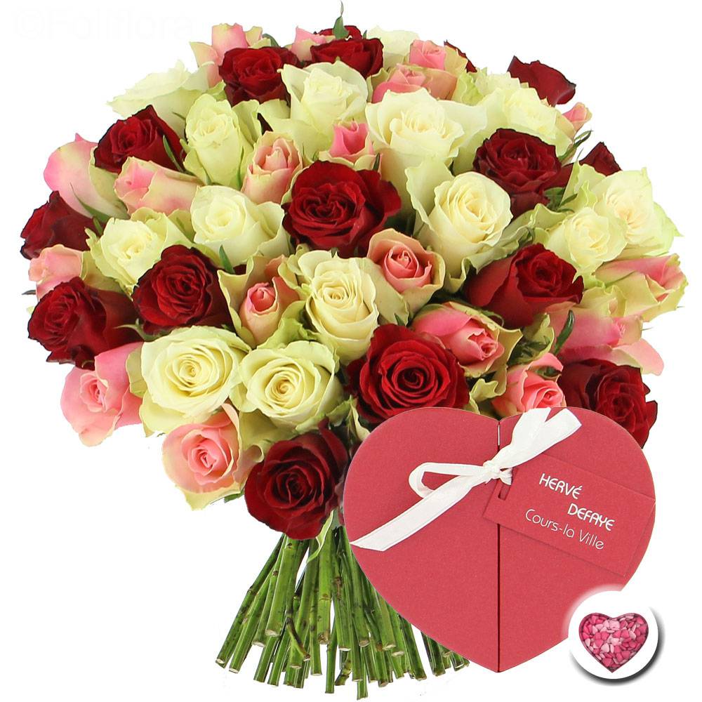 Livraison roses tendresse + coeur de chocolats - 40 roses - Gourmandise -  Foliflora