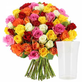 Bouquet de roses - Roses Multicolores + Vase OFFERT