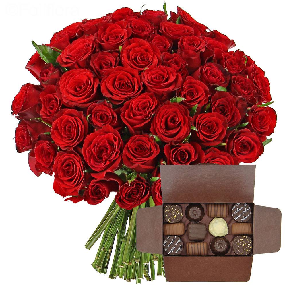 Delivery of red roses + box of chocolates - 40 roses - Gourmandise -  Foliflora